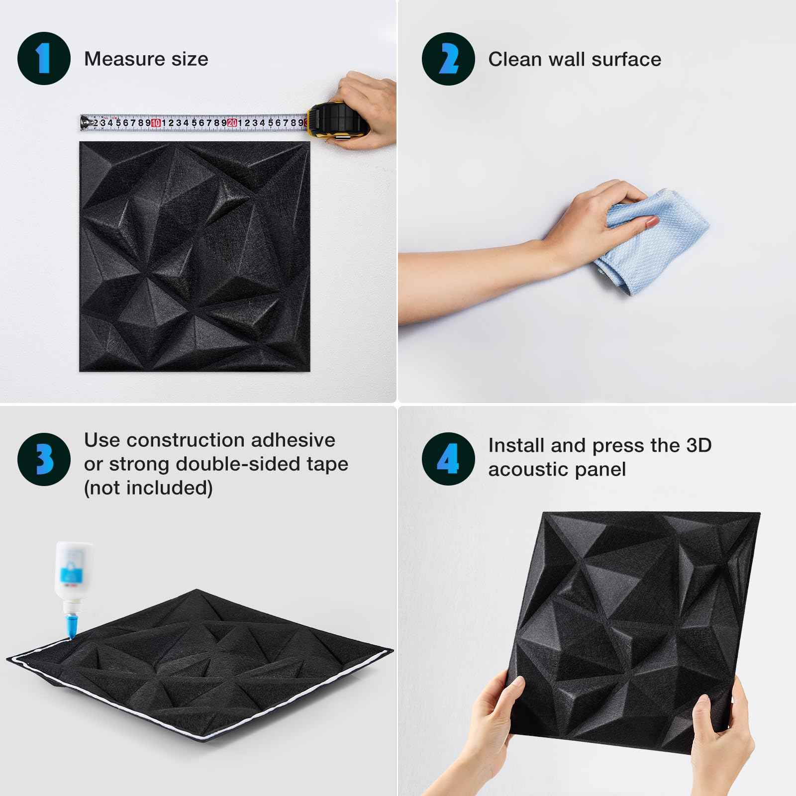 Acoustic 3D Wall Panels,24 Pack Sound Proof Felt Panels for Interior Wall Décor, Hollow Sound Absorbing Panel for Studio, Living Room, Home, Hotel, 12''x12'' Cover 24 sq ft (Black, 24 Pack)