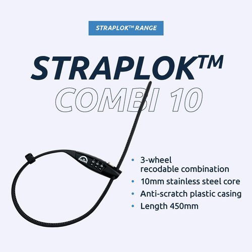 Squire Bike Locks STRAPLOK™ Combi 10 - Ultra-Lightweight Multi-Functional Zip-Tie Style Café Bike Lock with 10mm Stainless Steel Core, 450mm Length, 3-Wheel Recodable Combination