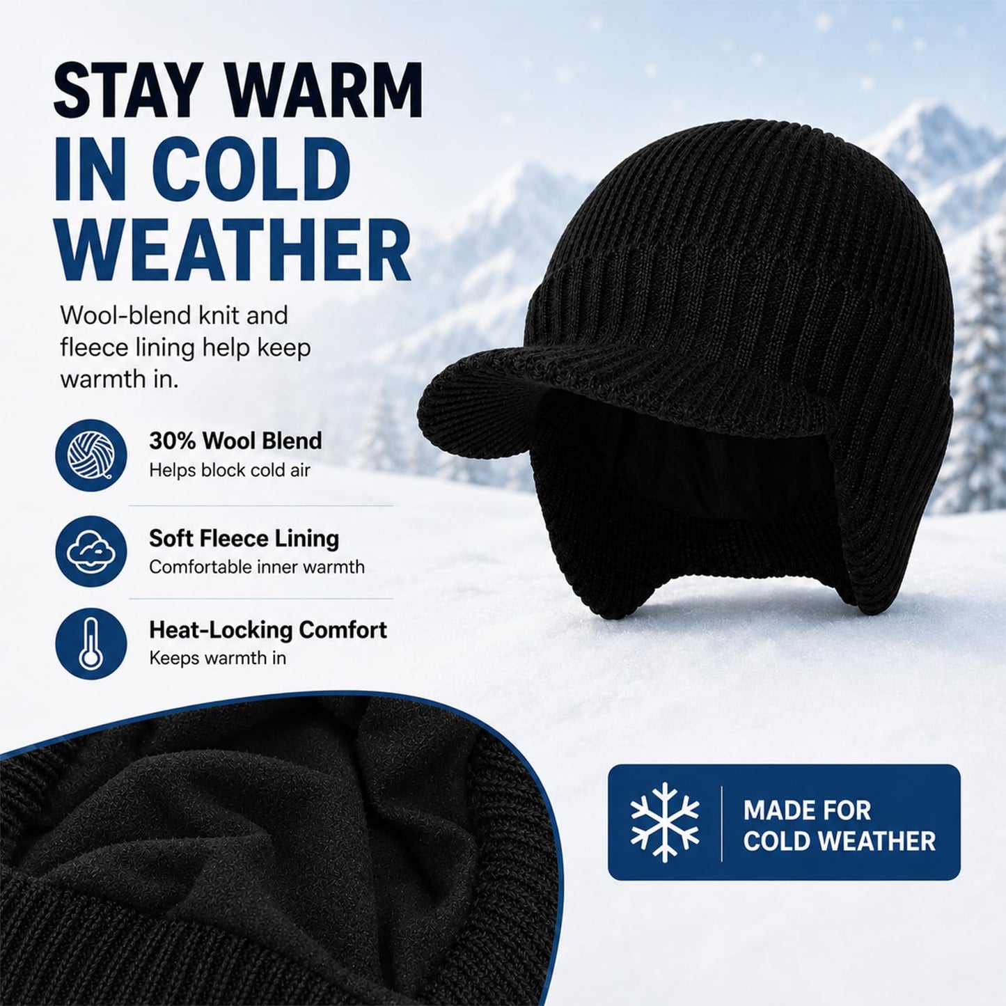 M/L/XL/XXL Waterproof Merino Wool Brim Beanie for Men with Ear Flap, Outdoor Warm Fleece Lined Knit Winter Hat for Big Heads