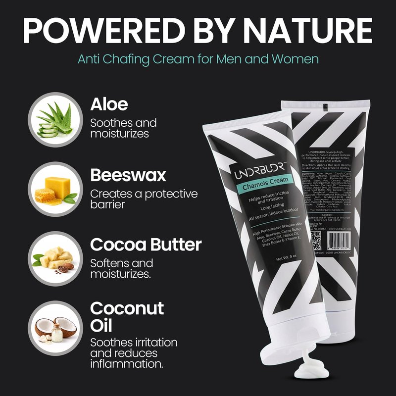 UNDRBUDR Chamois Cream for Cycling, Runners, Athletes - Anti Chafing Cream for Men and Women with Aloe, Shea Butter & Vitamin E - Reduces Saddle Sores, Low Friction Formula (8 oz)
