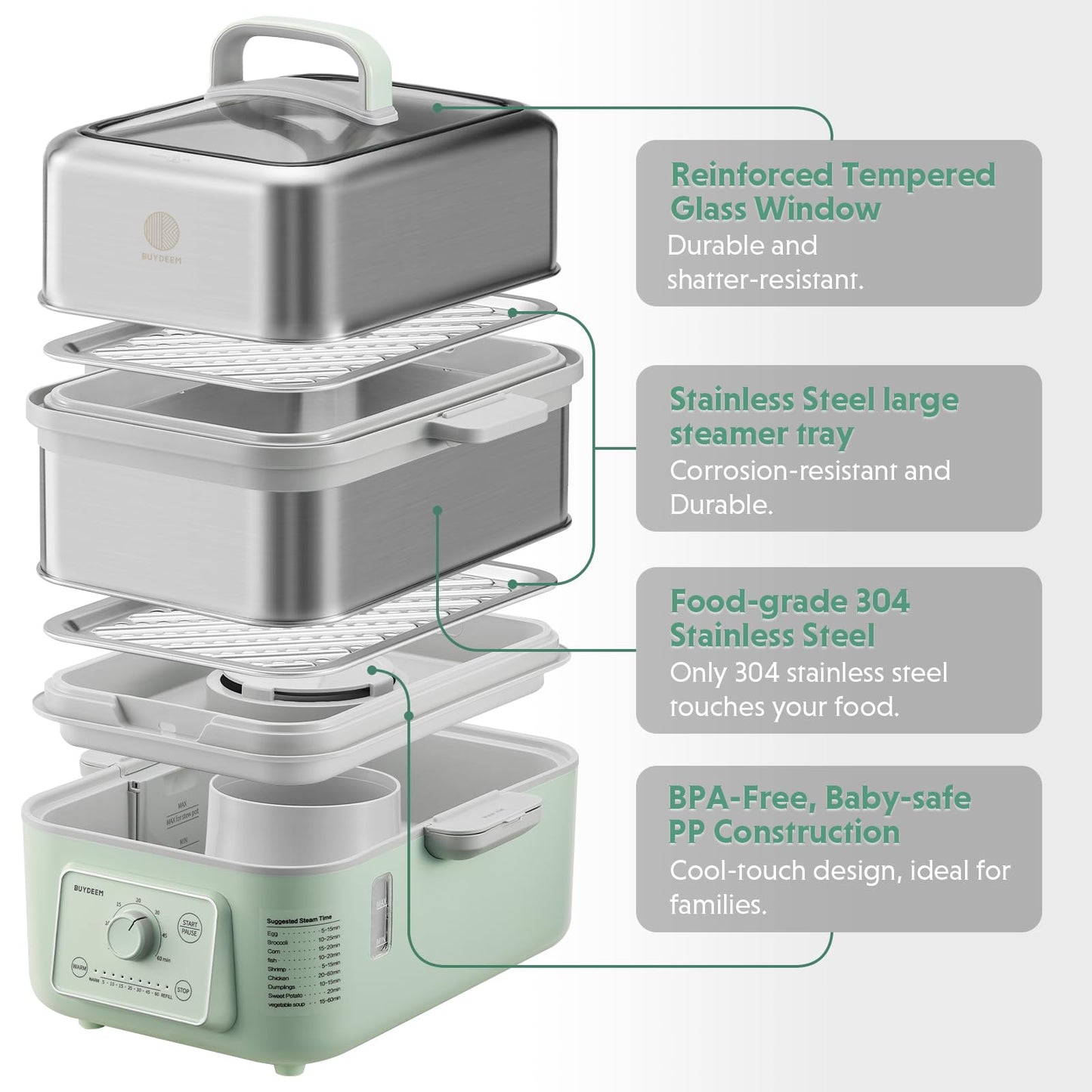 BUYDEEM G52 10.6 Quart 2-Tier Electric Food Steamer for 1-4 Servings, Vegetable Steamer for Cooking, 2-hour Keep Warm, 7 Preset Timings, Dual Boil-Dry Protection, Stainless Steel, Cozy Greenish
