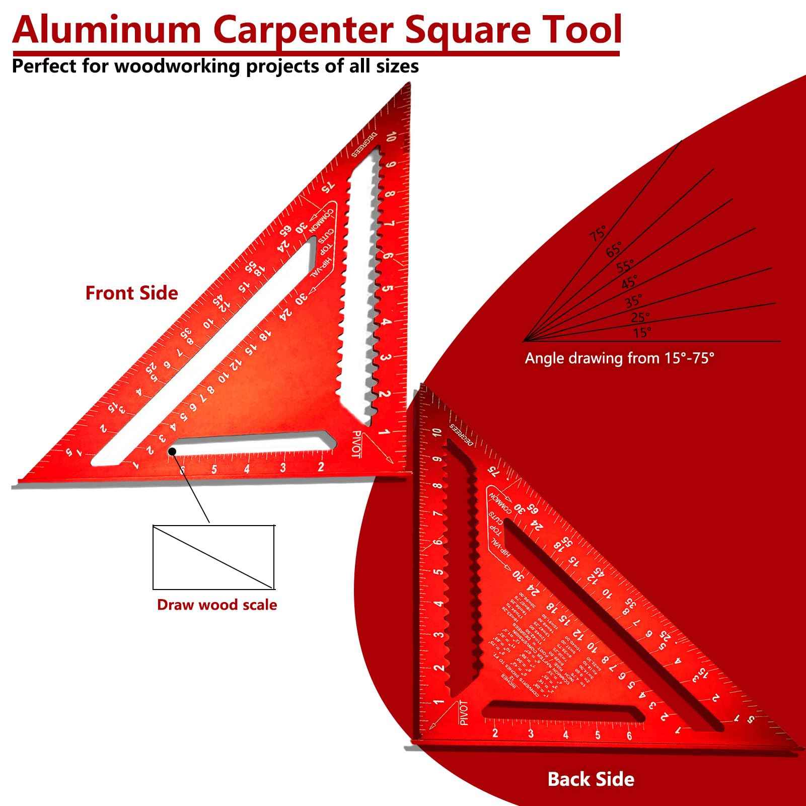 Carpenter Square 12 Inch, Aluminum Rafter Square Carpenter for Woodworking, Sturdy Angle Drawing Measuring Ruler, Layout Tool Alloy Triangle Ruler Protractor for Carpentry, Red