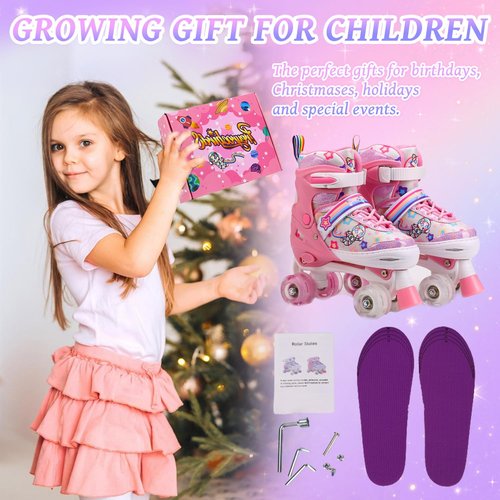 Kids Roller Skates Adjustable Roller Skates Girls Ages 3-12, 4 Size Adjustable Kids Skates, with 4 Light UP Wheels, Roller Skates for Toddlers Beginner (Pink, M)