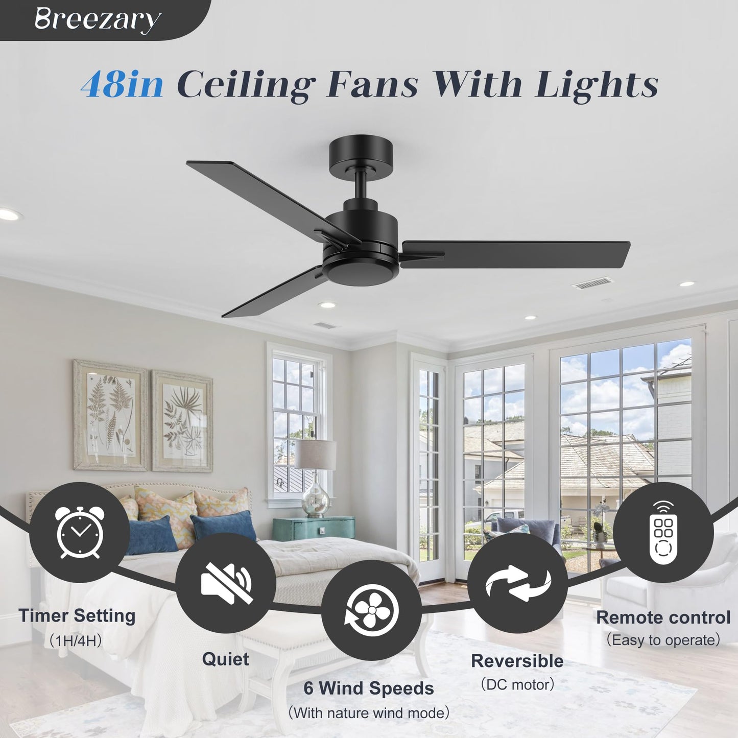 Breezary 48 Inch Industrial Ceiling Fans without Lights Remote Control, 6-Speed, Reversible DC Motor, 3 Blades, Modern Indoor/Outdoor Ceiling Fan No Light for Patio Home Office, Black