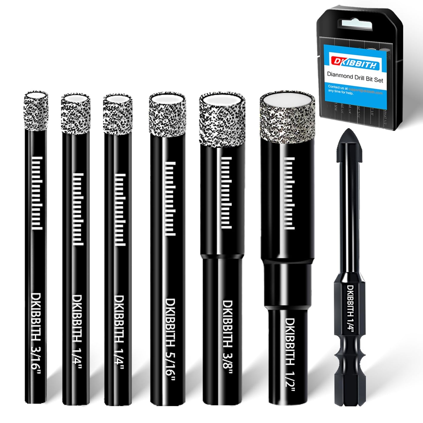 DKIBBITH 7 Pack Dry Diamond Drill Bits & Tile Drill Bits Set for Ceramic, Porcelain, Marble, Granite, Stone, Glass - Round Shank 3/16", 1/4"(x2), 5/16", 3/8", 1/2"+1 Pack Masonry Drill Bit 1/4"