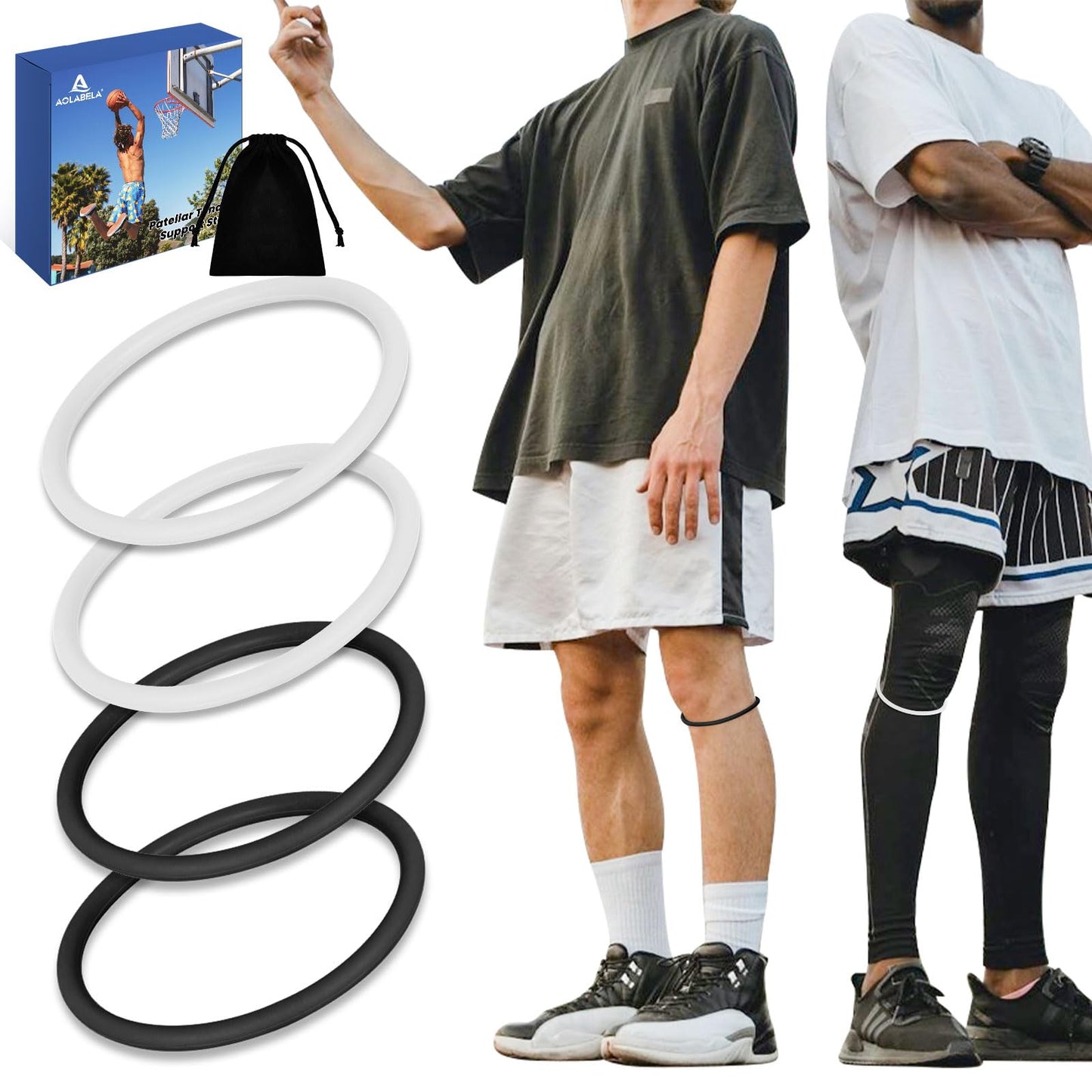 Aolabela 4PCS Patellar Tendon Knee Strap Knee Band for Knee Pain Relief Patella Band for Basketball Running Sports Breathable Patellar Tendon Support Strap (Black + White)