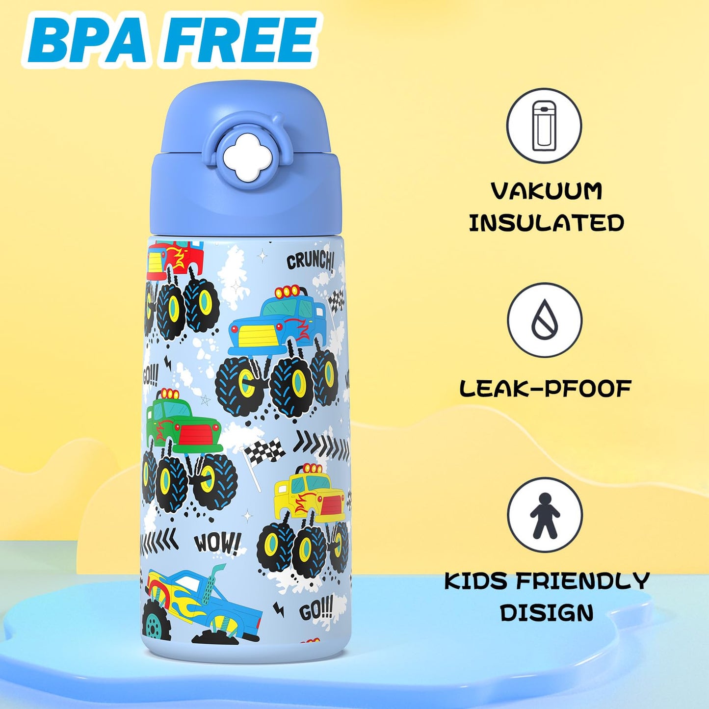 Ntswasd Boys Monster Truck Insulated Water Bottle with Covered Pop-Up Straw,16 oz Kids Cups with Stainless Steel Leak Proof for School