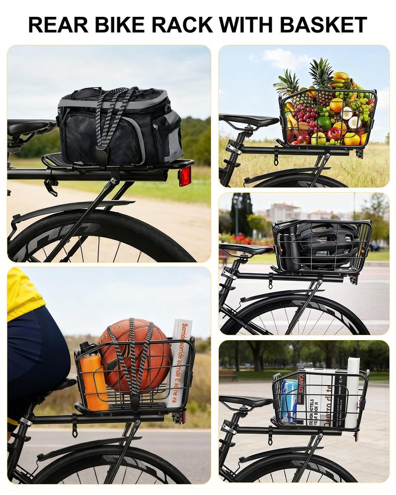 EQIIO Rear Bike Rack with Foldable Basket – 22L, Quick Release Bike Cargo Rack Aluminum Alloy & 165LB Load, Adjustable Bicycle Rack with Reflector & Installation Tool & Free Bungee Cord, Waterproof