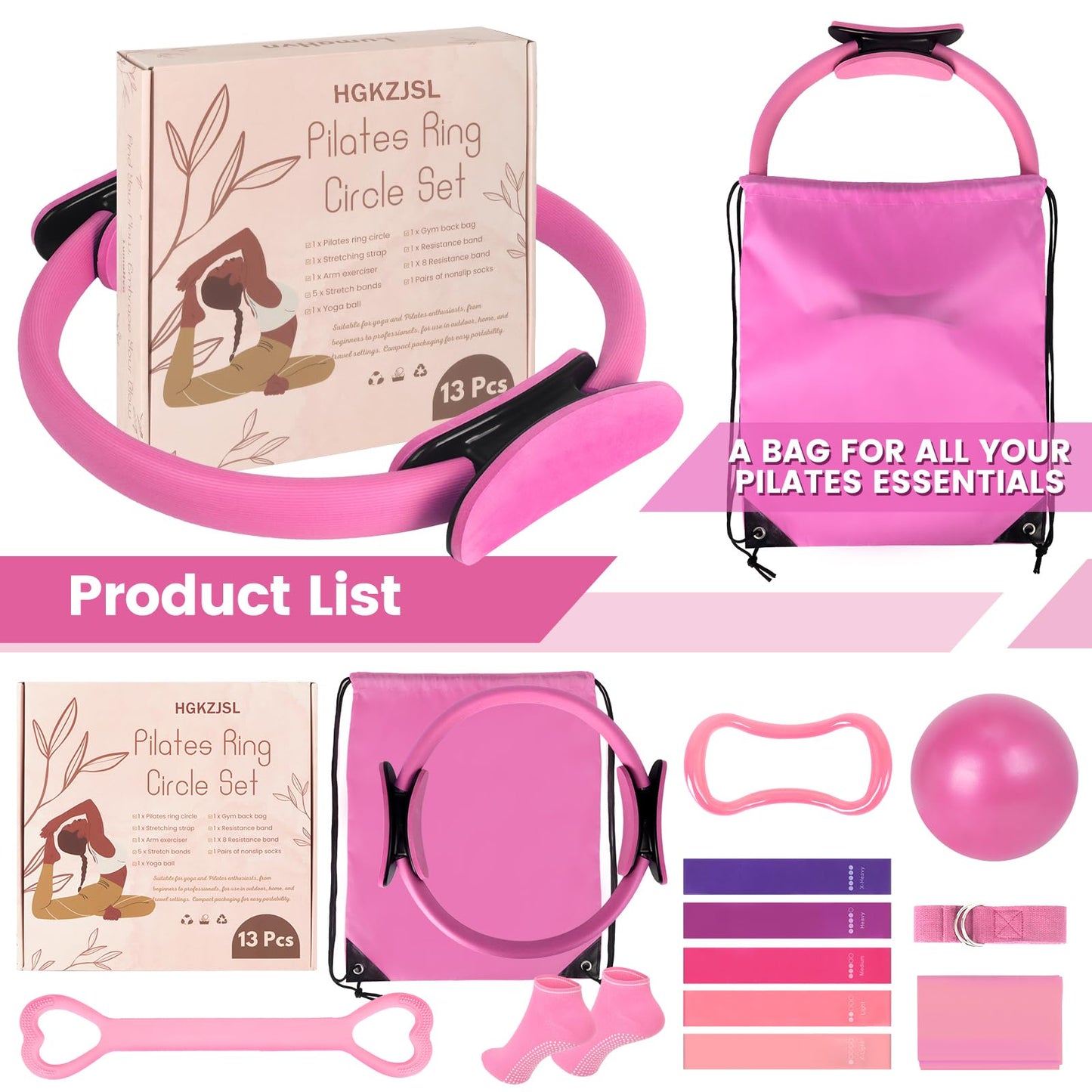 Home Pilates kit for Women with 5 Resistance Bands, Pilates Magic Circle Ring and Ball Set Accessories, Home Workout Equipment Essentials Starter Kit for Beginners, Full Body Toning Flexibility