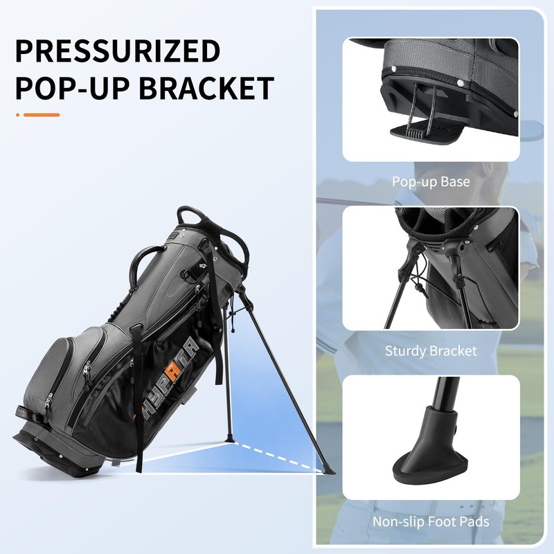 HYPATA 14 Way Golf Stand Bag-Lightweight Golf Bag for Men Women, Premium PU Leather Golf Bag with Stand, 8 Pockets, Cooler Pouch, Rangefinder Pouch, Detachable Dual Strap, Rain Cover Hood, Gray