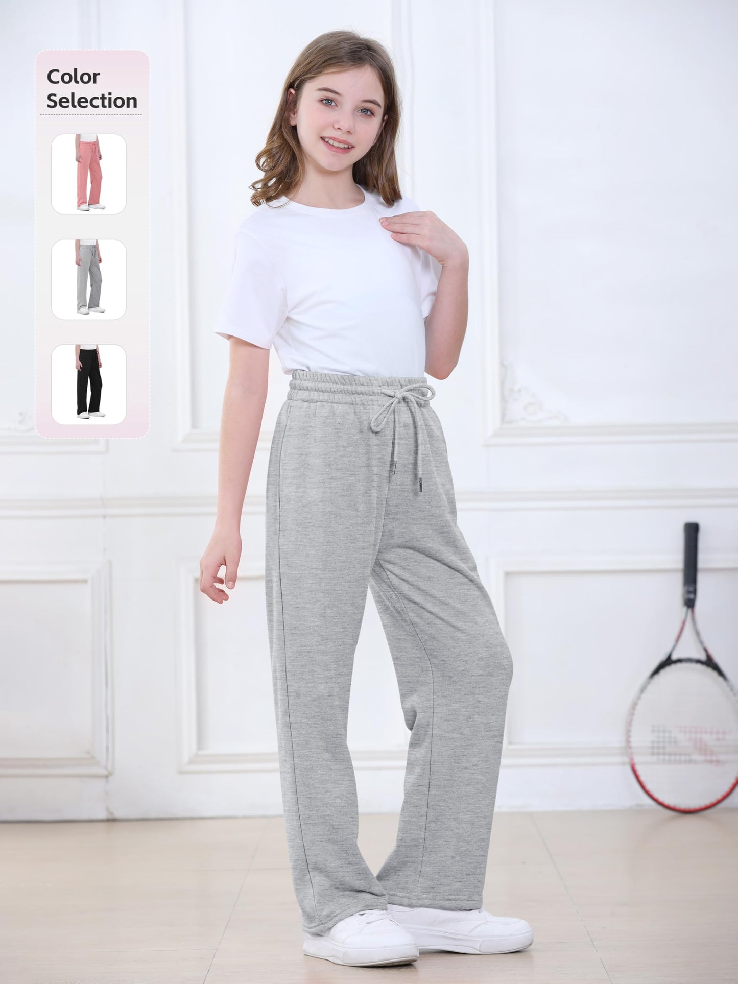 Aocku 3 Pack Girls Sweatpants Athletic Wide Leg Drawstring Joggers Pants Girls Kids Sweatpants Open Bottom Pants