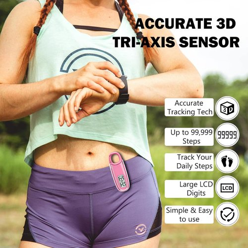 3D Pedometer for Walking with Removable Clip and Carabiner Simple Step Counter for Walking Accurate Clip On Step Tracker for Men Women Kids (Pink)