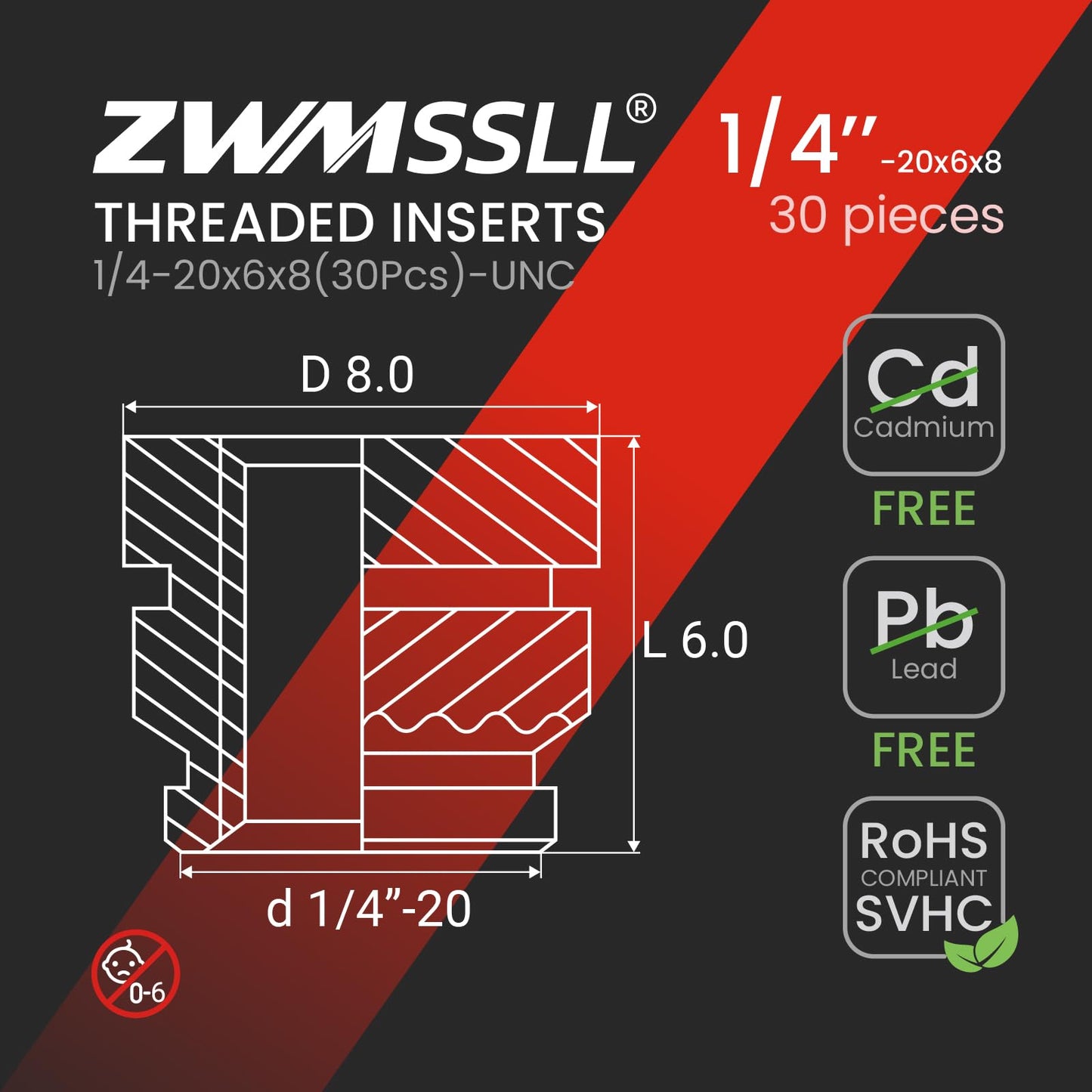 ZWMSSLL 1/4"-20 Heat Set Threaded Inserts,30 Pieces 1/4"-20x6x8 Heat Set Insert for 3D Printing Components and Plastic Parts,Brass Knurled Nuts