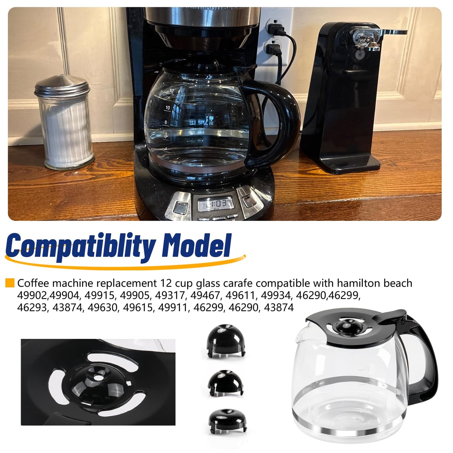 12-Cup Glass Coffee Carafe Replacement Pot Compatible with Hamilton Beach FlexBrew 12 Cup Coffee Maker 49902, 49904, 49915, 49905, 49317, 49467, 49611
