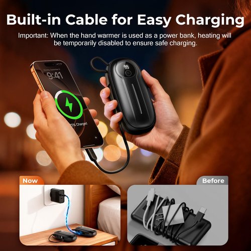 Hand Warmers Rechargeable 2 Pack,8000mAh Dual-Sided 5 Level Electric Pocket Heater with Built-in USB-C Cable, Full-Palm Fast Heating 24hrs, LED Display, Gifts for Men Women