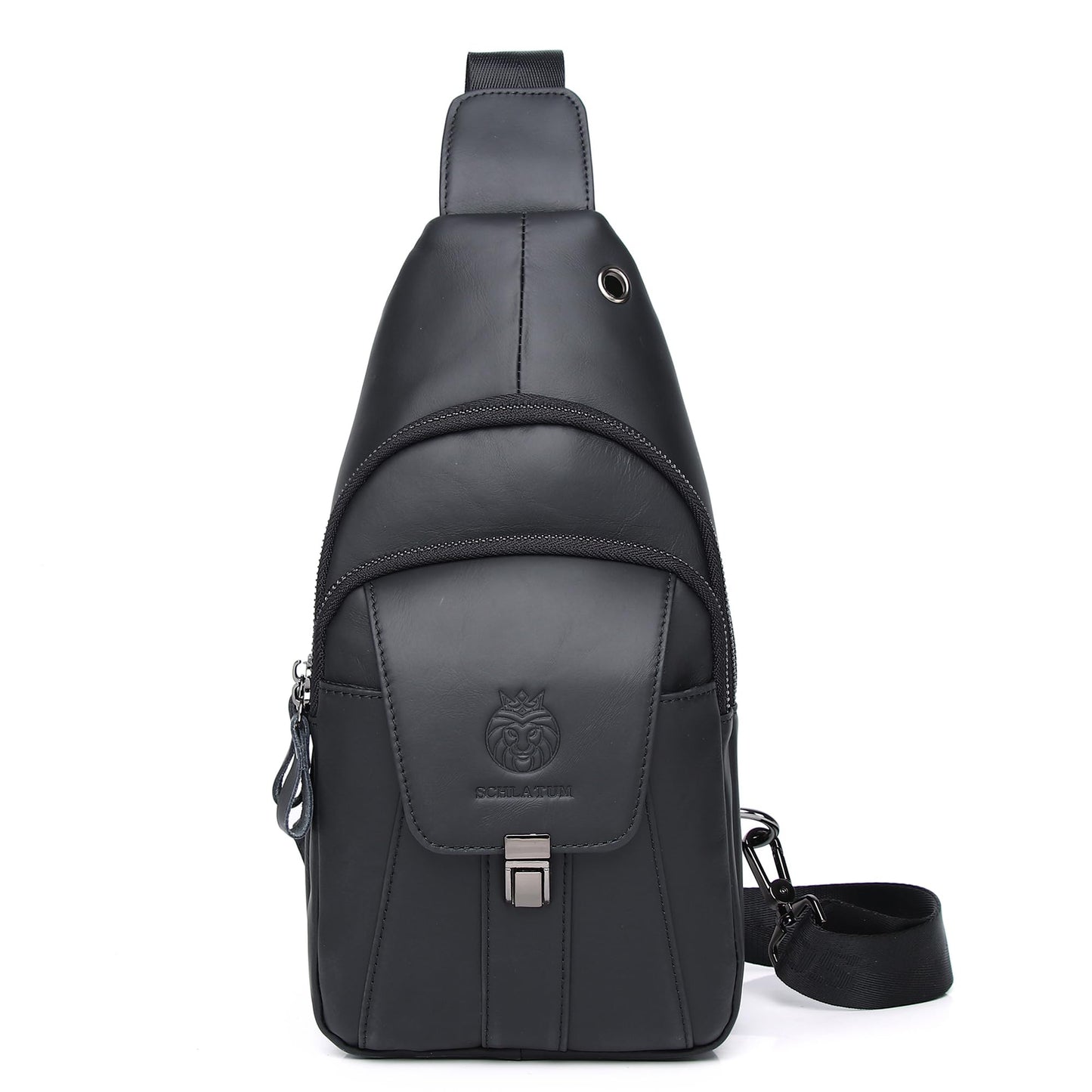LUKZIJAES Genuine Leather Sling Bag for Men Casual Crossbody Shoulder Chest Pack Daypack Outdoor Travel Hiking Backpack (#10-Black)