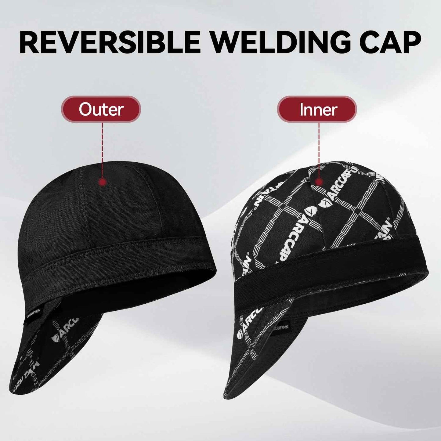 ARCCAPTAIN Reversible Welding Cap, 8 Panel Protective Welders Cap, 10 oz Fireproof Cotton Comforts for Safety and Protection While Welding to Men Women, Black, 7 1/4