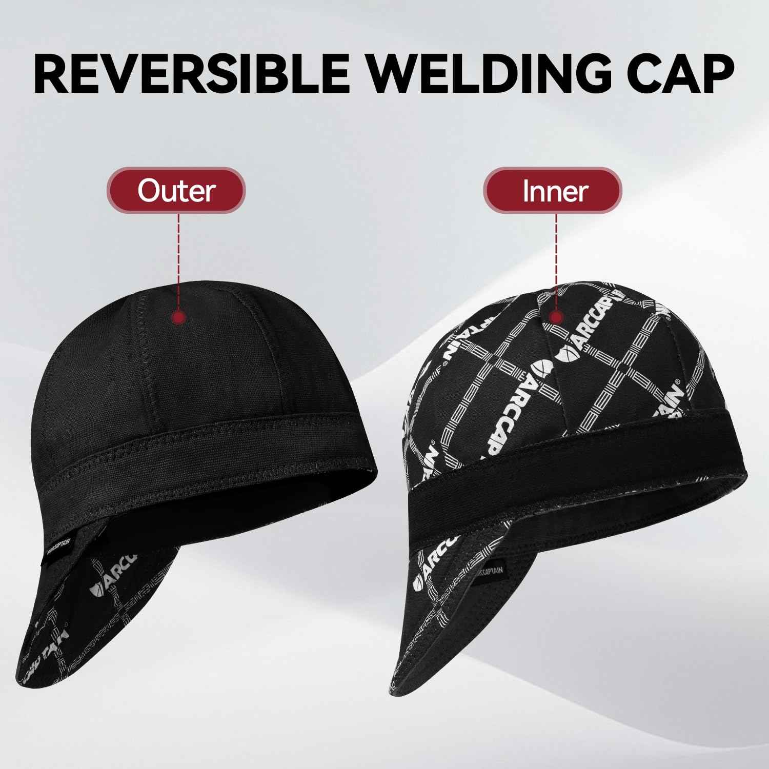 ARCCAPTAIN Reversible Welding Cap, 8 Panel Protective Welders Cap, 10 oz Fireproof Cotton Comforts for Safety and Protection While Welding to Men Women, Black, 7 1/4