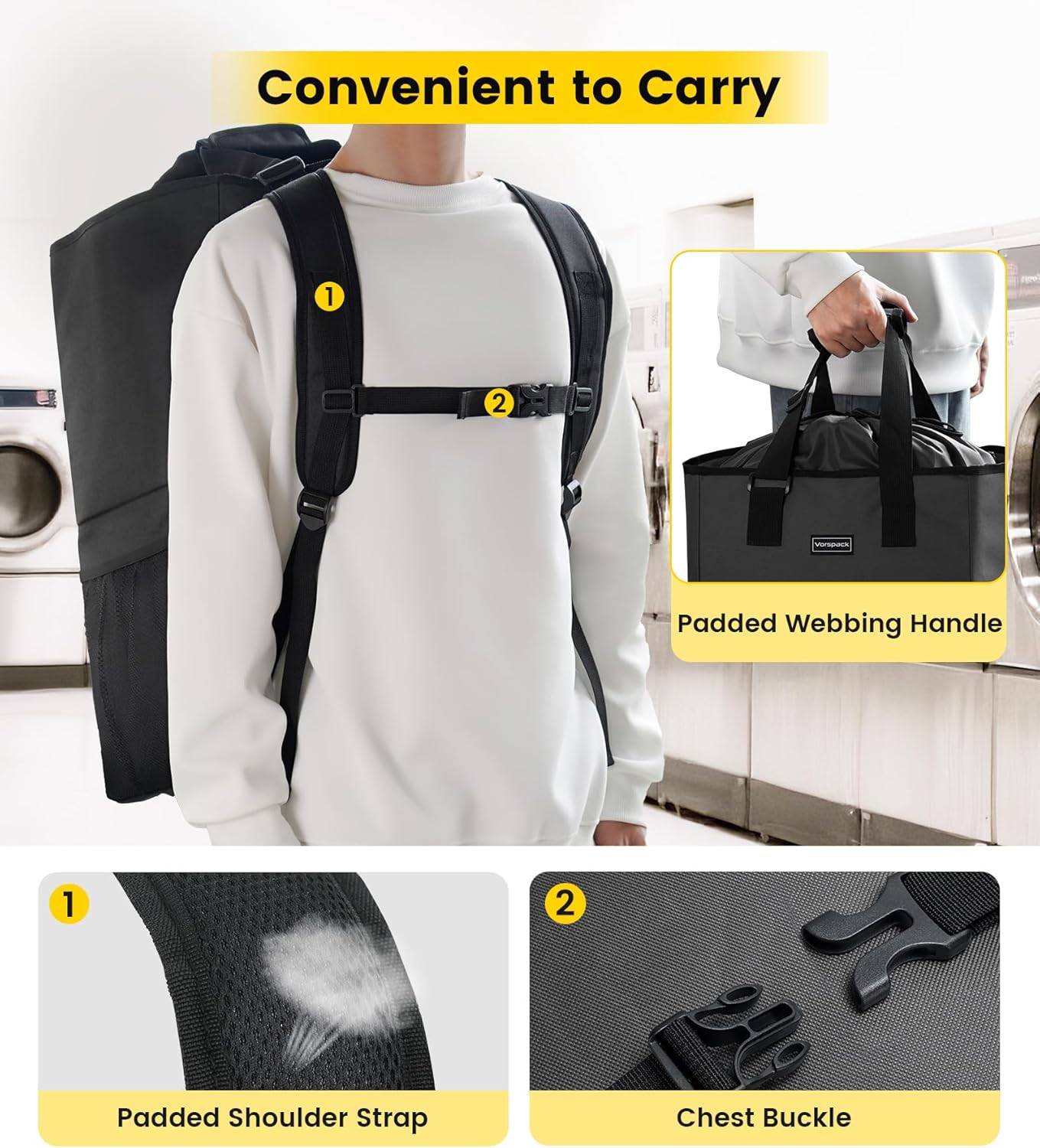 Vorspack Laundry Bag Backpack - Extra Large Heavy-Duty Hamper with Shoulder Straps | Ideal for College Dorms & Laundromats - Black