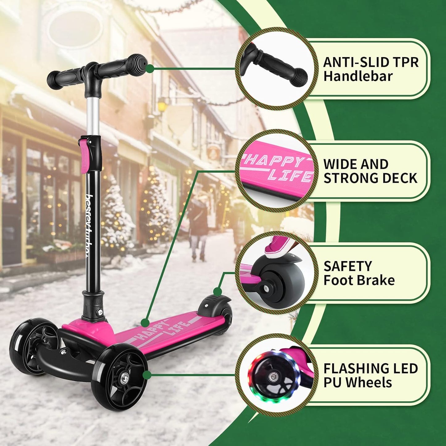 Besrey Kick Scooter for Kids - 3-Wheel Folding Design with Adjustable Height & LED Light Wheels | Extra Wide Deck