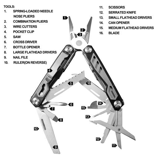 Gifts for Men, KUPERIA Multitool Needle Nose Pliers, 16-in-1 Stainless Steel Multi Tool Pocket Knife, Cool Gadgets, Survival Knife with EDC Pouch Used as Bottle Opener, Screwdriver, saw etc