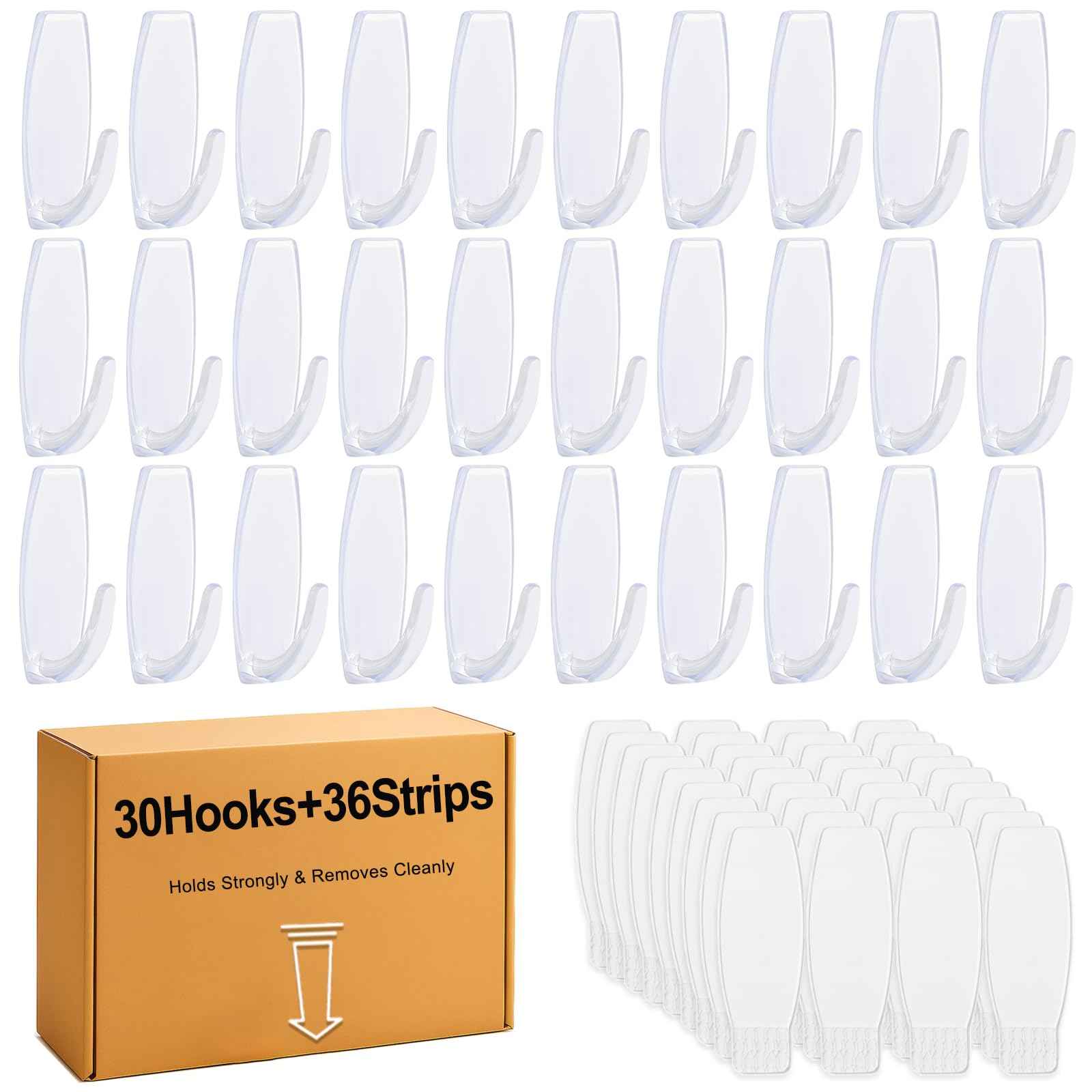 sankaragi 30 Large Hooks+36 Strips, Clear Utility Hooks with Removable Strips Damage-Free, Wall Hooks Heavy Duty for Hanging Home Decor, Value Pack