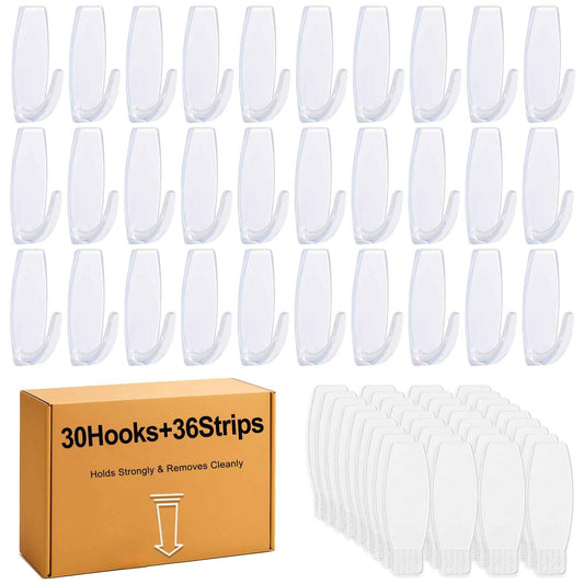 sankaragi 30 Large Hooks+36 Strips, Clear Utility Hooks with Removable Strips Damage-Free, Wall Hooks Heavy Duty for Hanging Home Decor, Value Pack