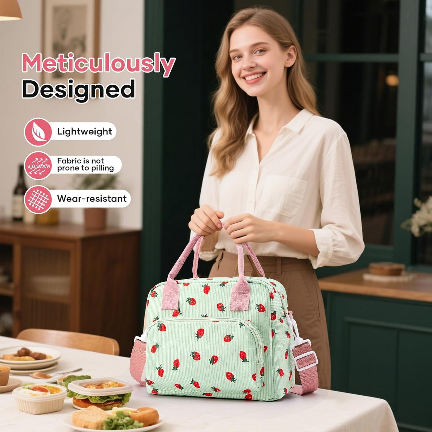 Skiennix Insulated Lunch Bag - Stylish Corduroy Tote for Women | Reusable Cooler for Work & Travel