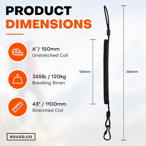 Koiled Military-Grade Braided Kevlar Cord Heavy Duty Retractable Lanyard - Carabiner Clip, 265lb/120kg Breaking Strength - Security Belt, Key Chain, Tether Strap for Weapons, Guns, Keys, Tactical Gear
