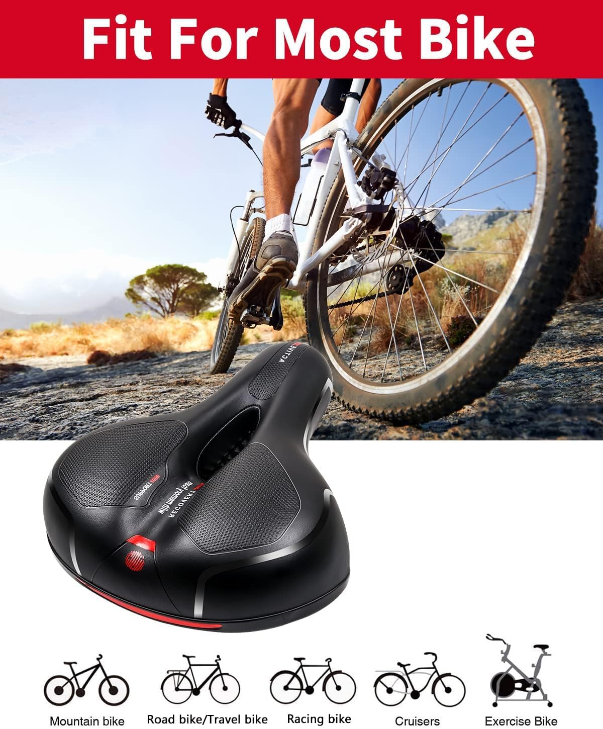 MSDADA Comfortable Bike Seat Cushion - Wide Memory Foam Saddle with Dual Shock Absorption | Waterproof for Men & Women