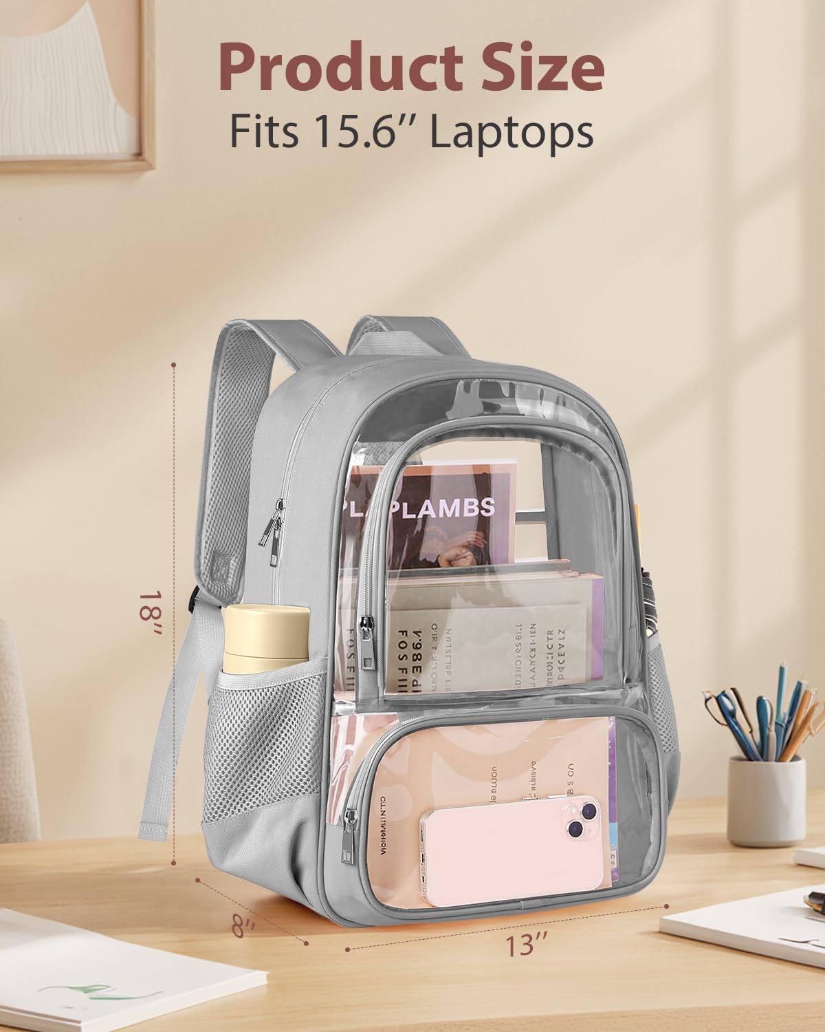 KIMNERPU Clear Backpack, Fabric & PVC Transparent Backpack with Reinforced Strap for Women Men, Heavy Duty Transparent Bookbag, Large Capacity Clear Bag, Travel, X-Large Grey