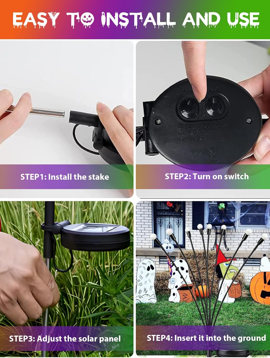 Solar Halloween Pathway Lights - 6 Pack Waterproof Firefly Decor in Orange, Purple & Green