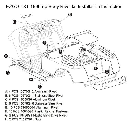 10L0L Golf Cart Complete Body Metal Rivet Hardware Kit for 1994+ EZGO TXT Gas/Electric with Extra 10 PCS Plastic Fastener Tree Rivets