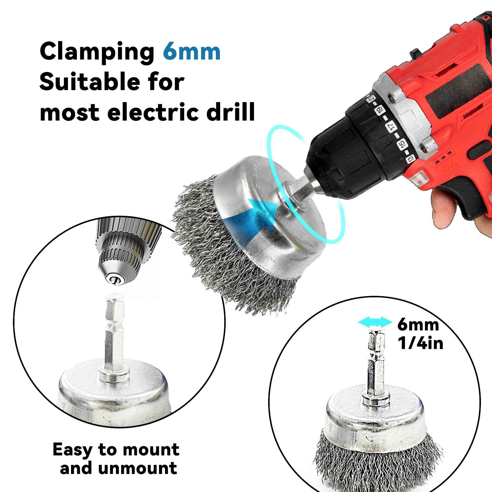 Daily Treasures 10 Pack Wire Wheel Cup Brush Set for Drill Abrasive with 1/4" Hex Shank,Extension Rod for Safty,Brass Coated Crimped Drill Sanding Attachment，Metal Brush for Drill Rust Removal