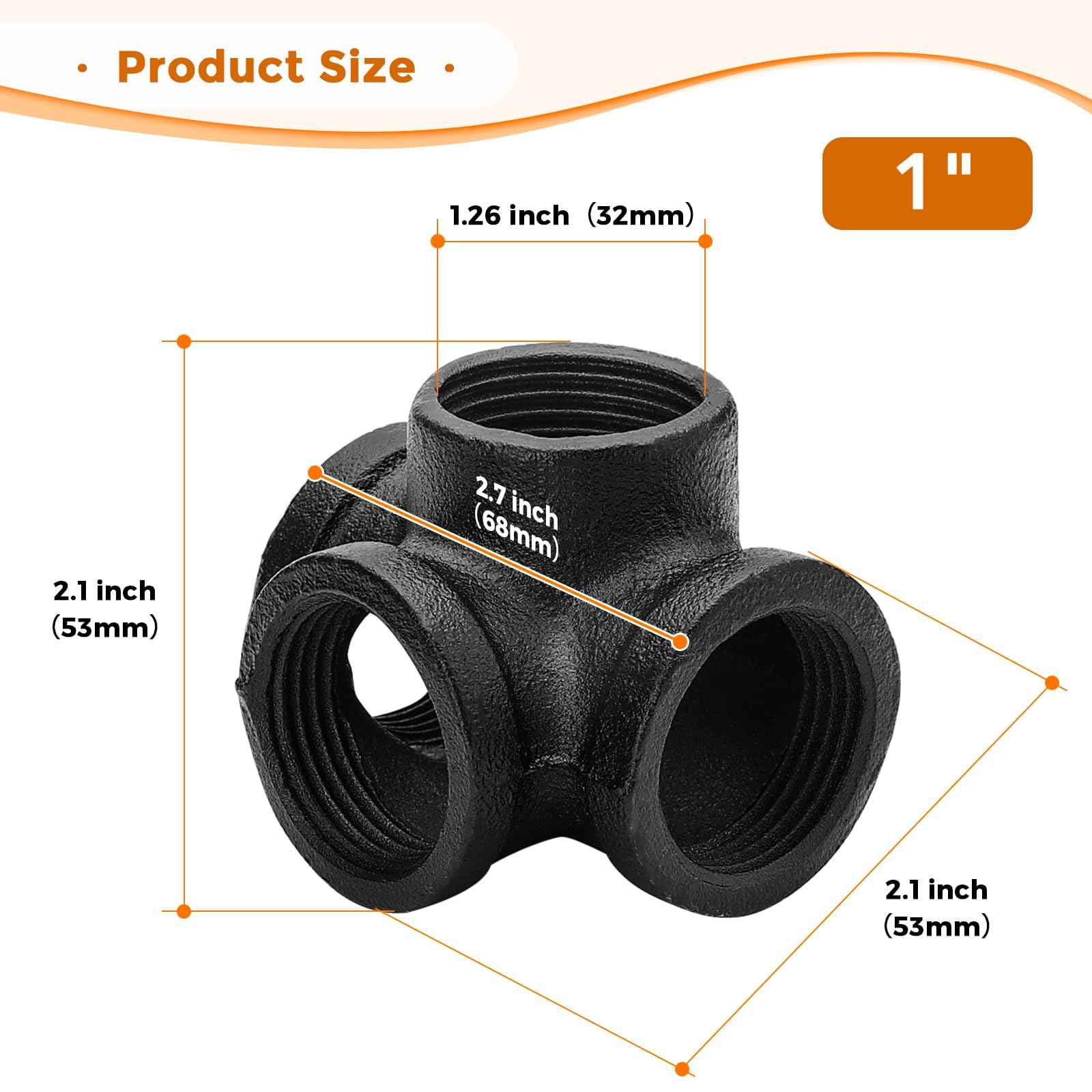 1" Black Pipe Fittings 4-Way Side Outlet Tee - Home Expert 4 Pack Malleable Cast Iron Threaded Pipe Fittings for Industrial Pipe Shelves Bracket, Vintage Industrial Pipe Furniture