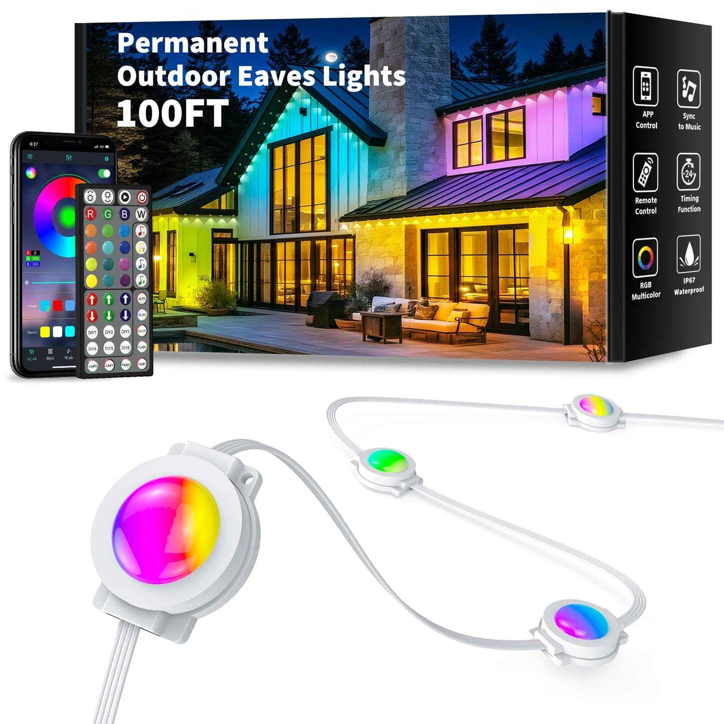 YIBULAYIN 100FT Permanent Outdoor Lights Waterproof, Smart RGB Eaves Lights with App/Remote Control, DIY Scene Modes, LED Outdoor Lighting for Christmas Holidays Daily Party House Roof Lighting