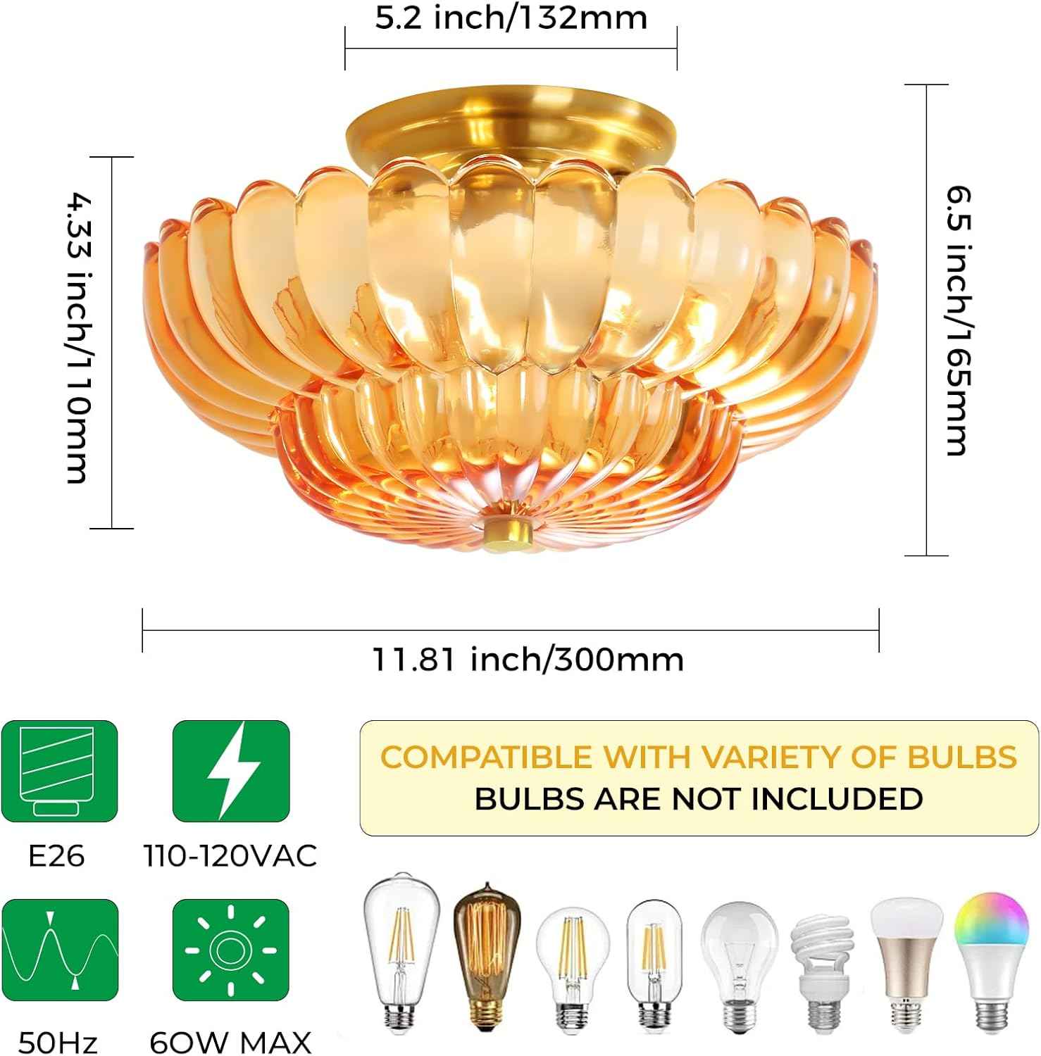 Modern Semi Flush Mount Ceiling Light Fixture with Brown Glass & Black Base - Ideal for Living Room, Kitchen, Bedroom, Hallway (Bulb Not Included)