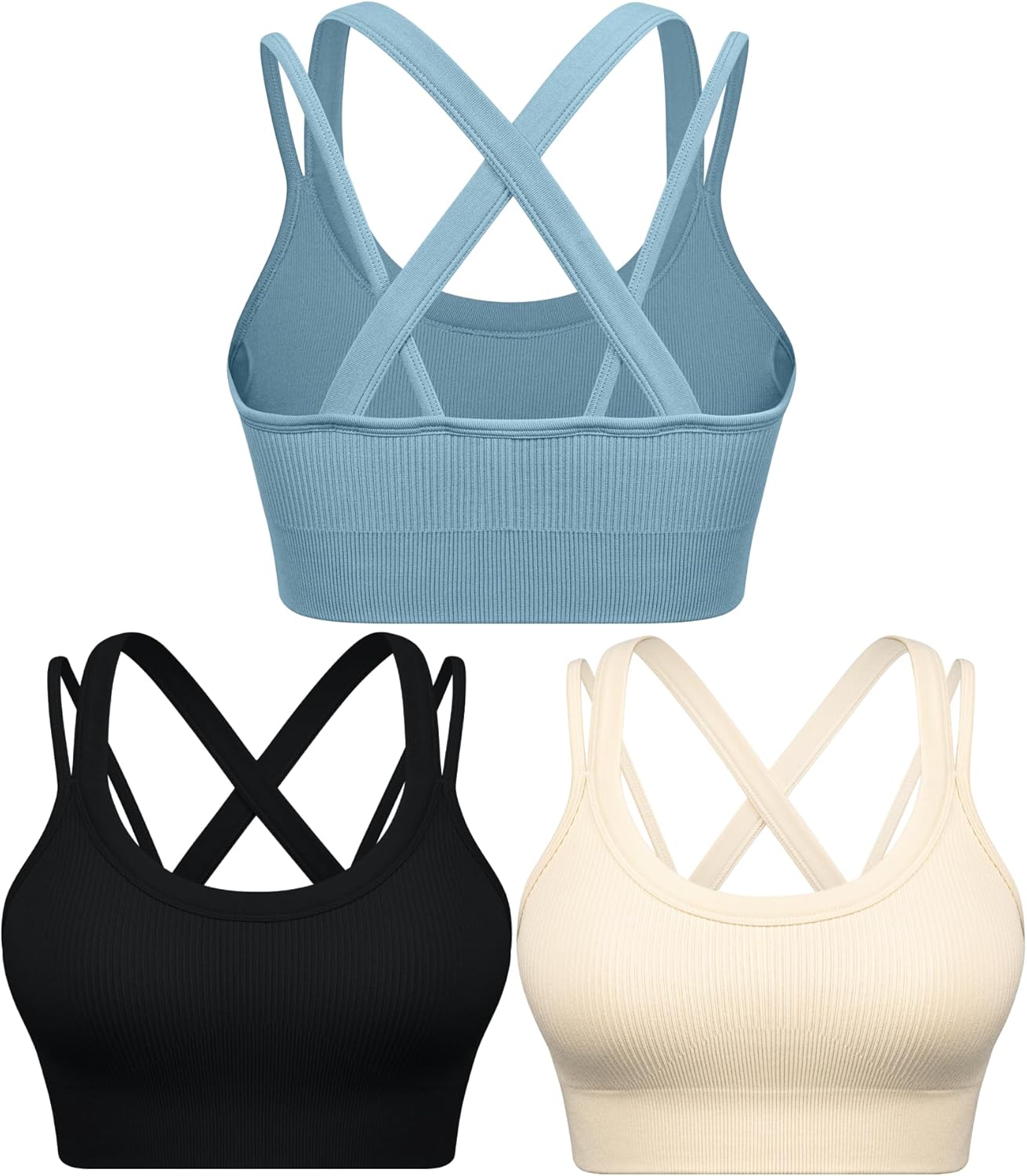 WANAYOU High Support Sports Bras for Women - Ribbed Strappy Criss Cross Back - 3 Pack