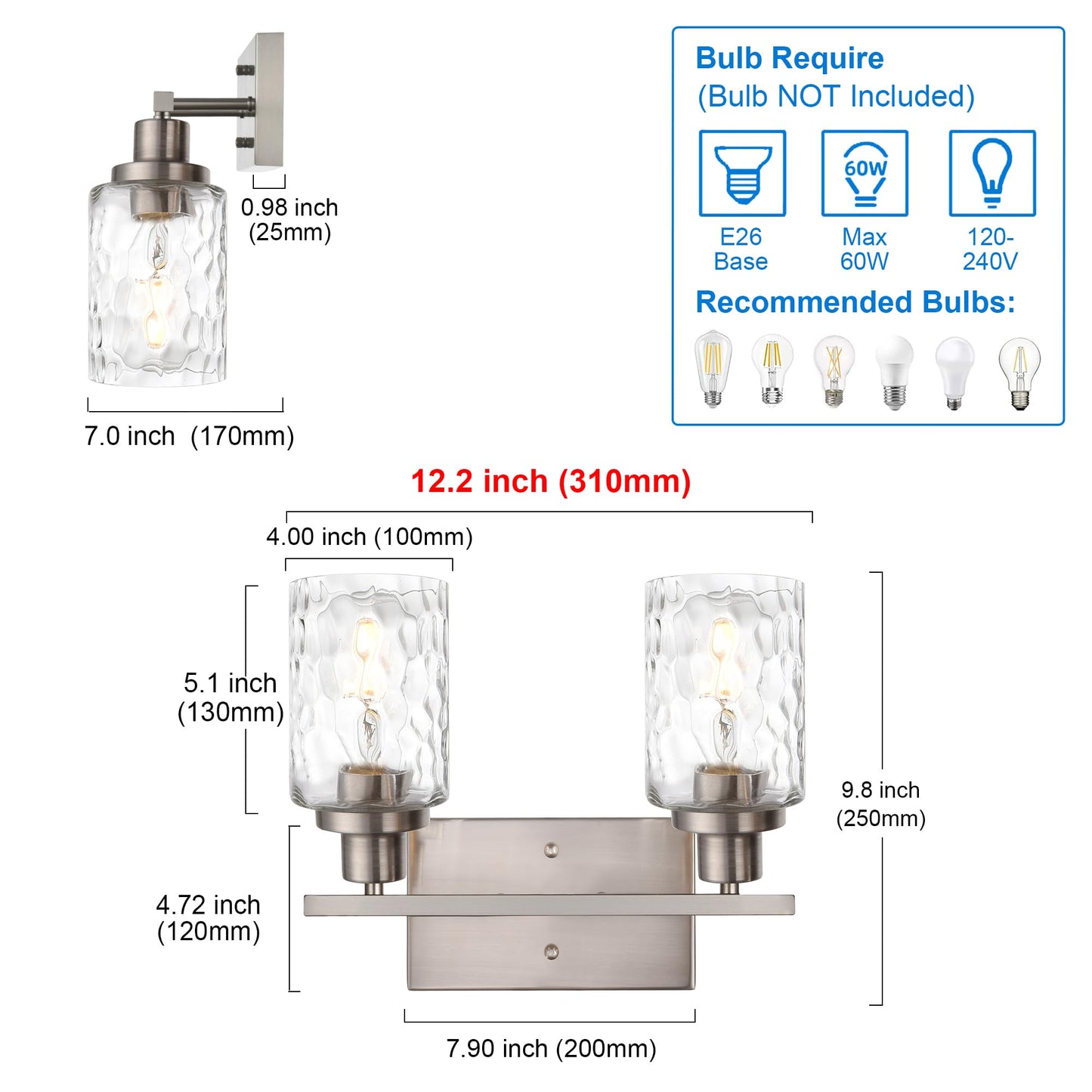 MELUCEE Indoor Wall Sconces Brushed Nickel with Clear Hammered Glass, 2-Light Modern Bathroom Vanity Light Wall Mount Lamp for Mirror Cabinets Powder Room Dressing Table (Patent No.: US D963914 S)