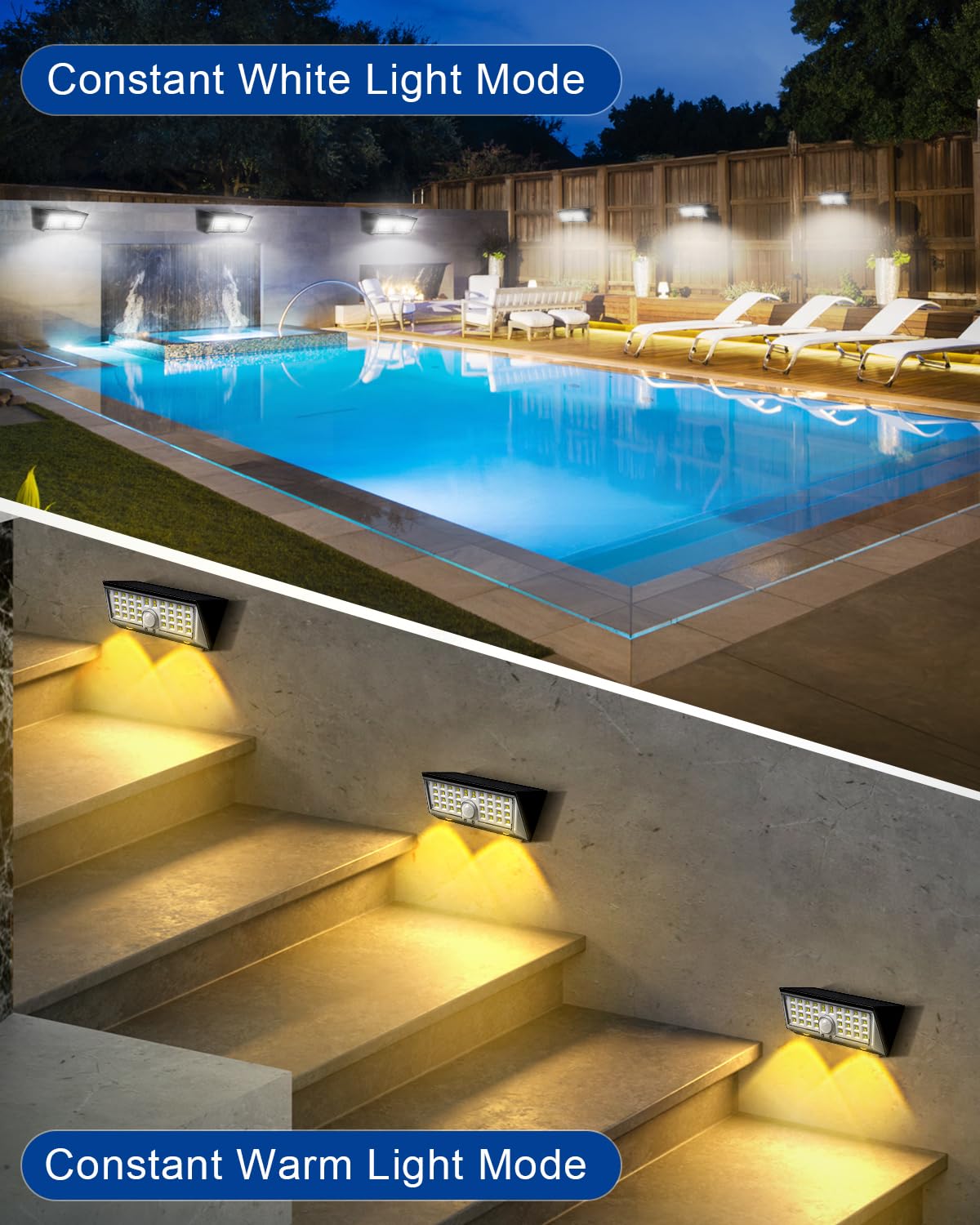 4-in-1 Solar Motion Lights Outdoor - 150° Wide Angle, 4 Modes, White & Warm Light, IP67 Waterproof, Fence, Wall, Step & Deck Light for Yard, Garden, Pathway