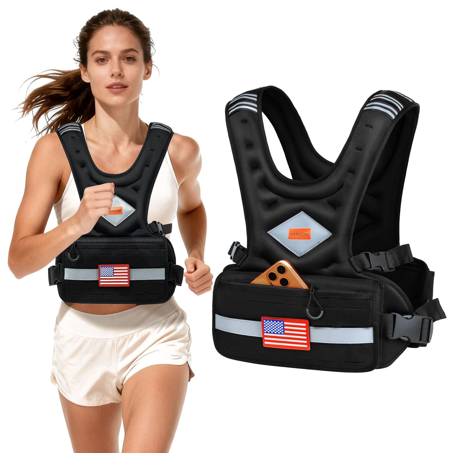 Adjustable Weighted Vest for Men & Women, 6-10lb/8-20lb/8-30lb, with Storage Pockets & Reflective Strips for Walking, Running, Rucking & Strength Training (Black, 8-20LB)