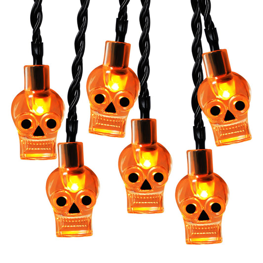 RECESKY 2Pack 20 LED Orange Skull String Lights with Timer - Total 13Ft Battery Powered Halloween String Light - Spooky Lighting for Outside Home Bedroom Dorm Classroom Halloween Decorations