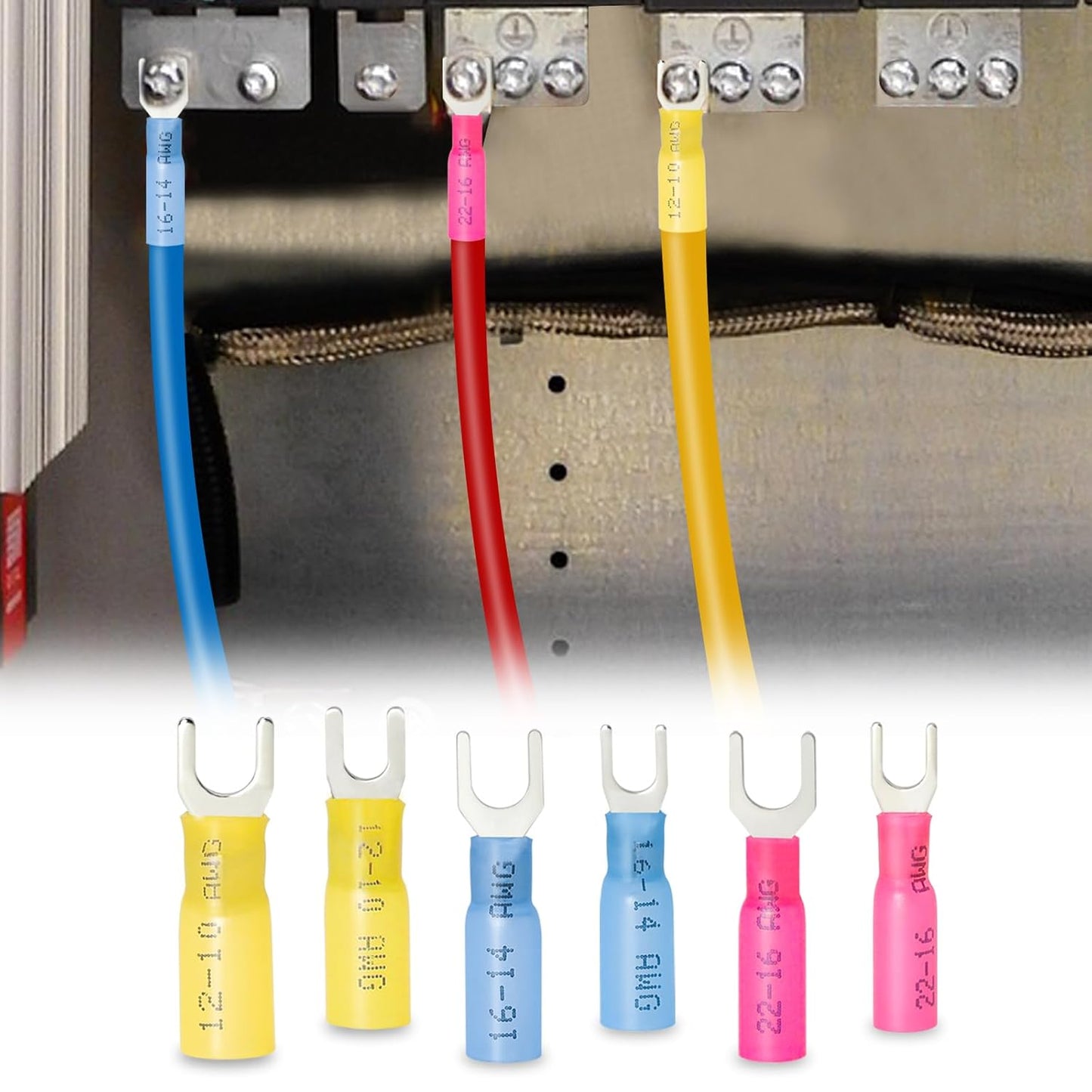 Tinned Copper Fork Connectors - 220PCS Heat Shrink Waterproof Terminals for 12-10, 16-14, 22-16 Gauge