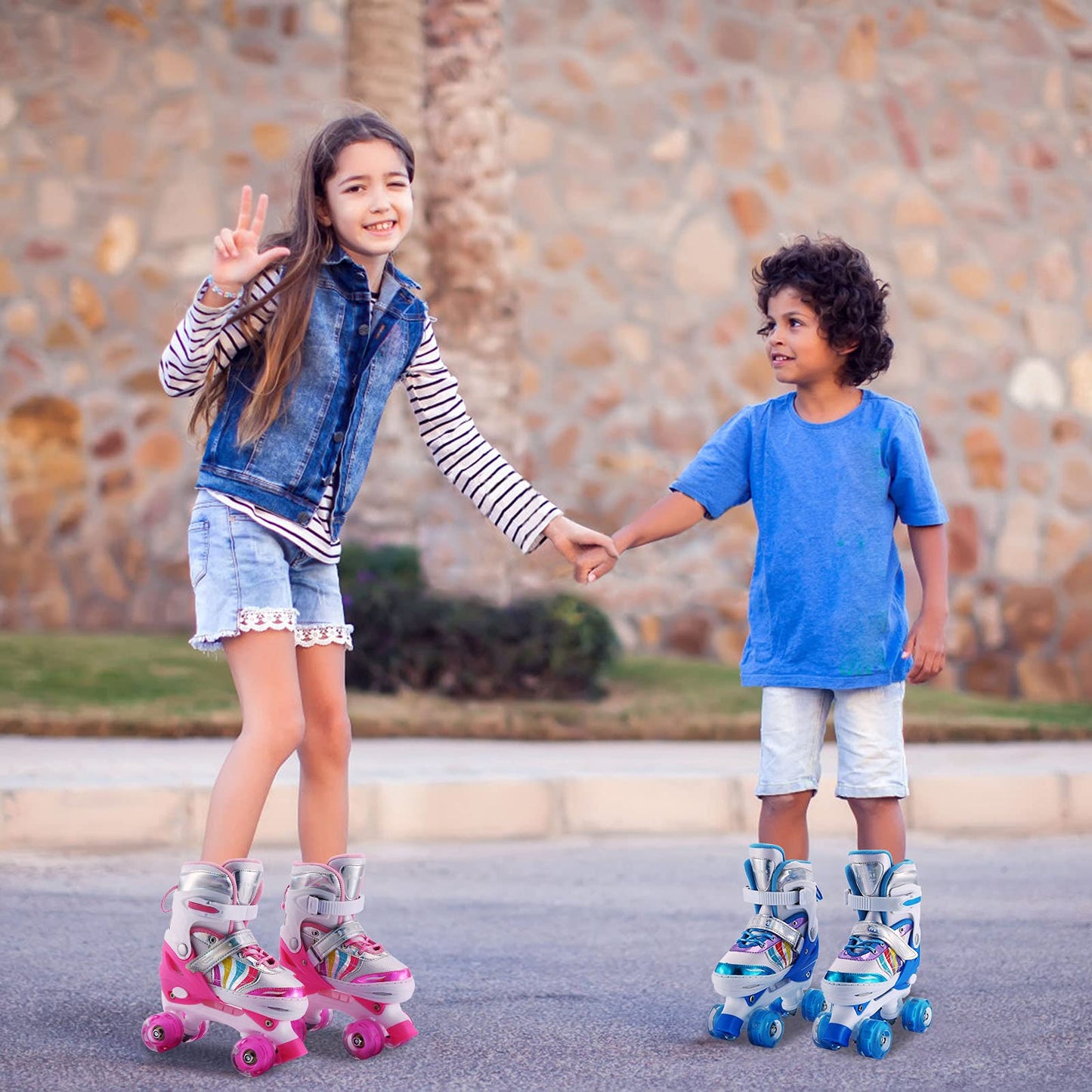 Kids Roller Skates Adjustable for Girls Boys Toddlers Youth, Pink 4 Size Adjustable Light Up Roller Skates for Size 11J todders to Size 7 Youth Women