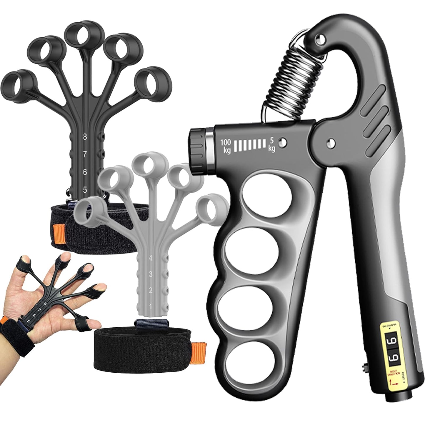 Hand Grip Strengthener, Forearm Strength Trainer- Adjustable Resistance 11-220Lbs Hand Grip with Counting,Finger Exerciser,Hand Extension Exerciser for Muscle Building and Injury Recover Combo Set