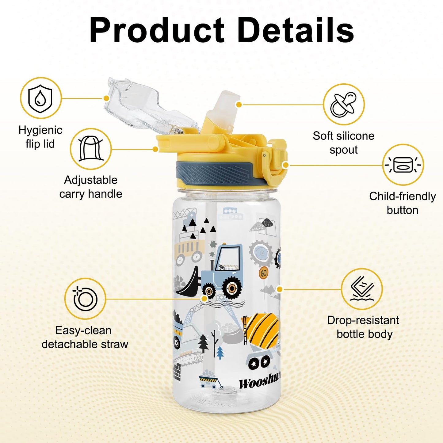 wooshwa Kids Water Bottle for School, 16 Oz Plastic Water Bottle with Silicone Spout and Pop-Up Cover, BPA Free & Dishwasher Safe (Excavator/Shark)
