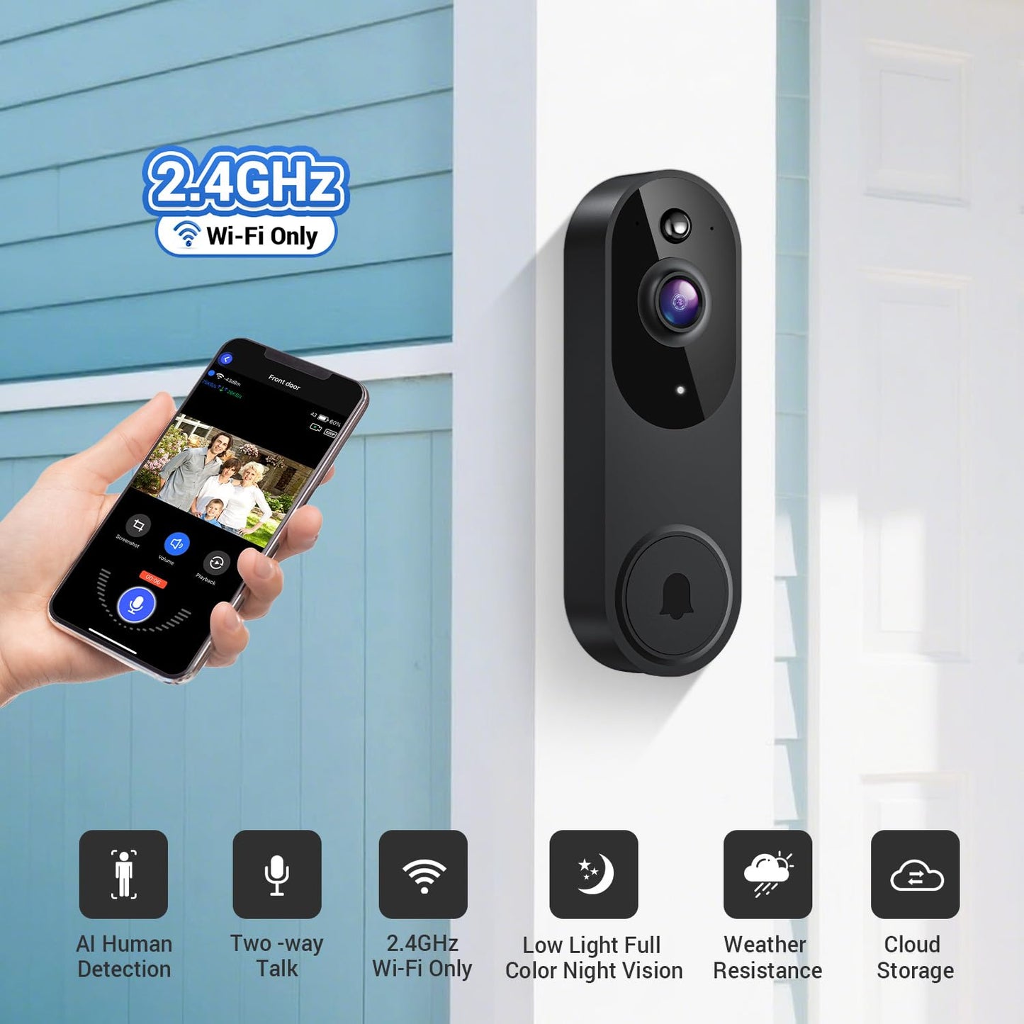 LinkSear Wireless Video Doorbell Camera, Smart AI Human Detection, Real-Time Notification, Night Vision, 2-Way Audio, Cloud Storage, 2.4G WiFi, Indoor Outdoor Surveillance (Without Receiver)