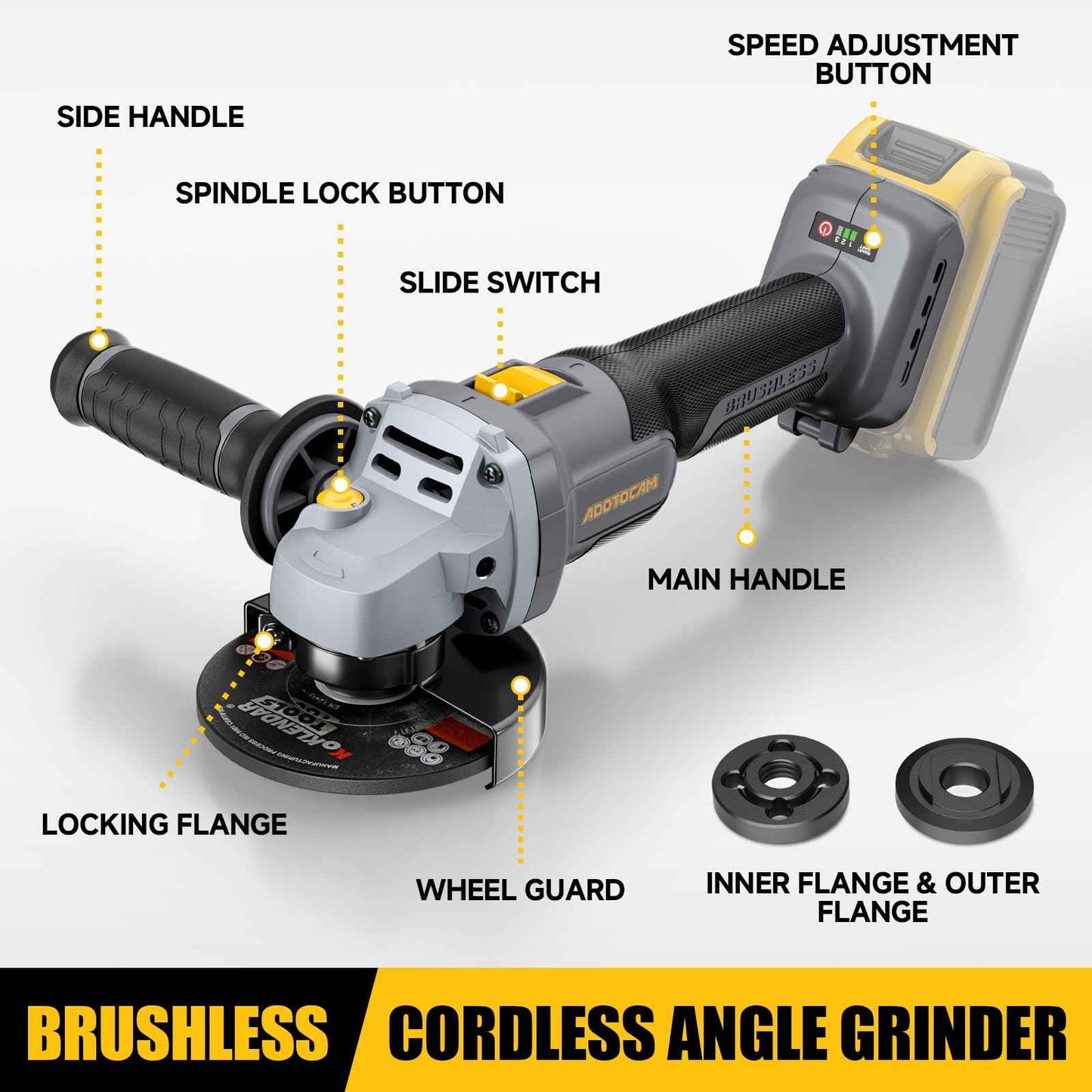 ADOTOCAM Angle Grinder, 20V Brushless Cordless, 4-1/2 Inch, Compatible with Dewalt Battery (No Battery), with Metal Grinding Wheel, for Cutting, Grinding, Polishing, Carving