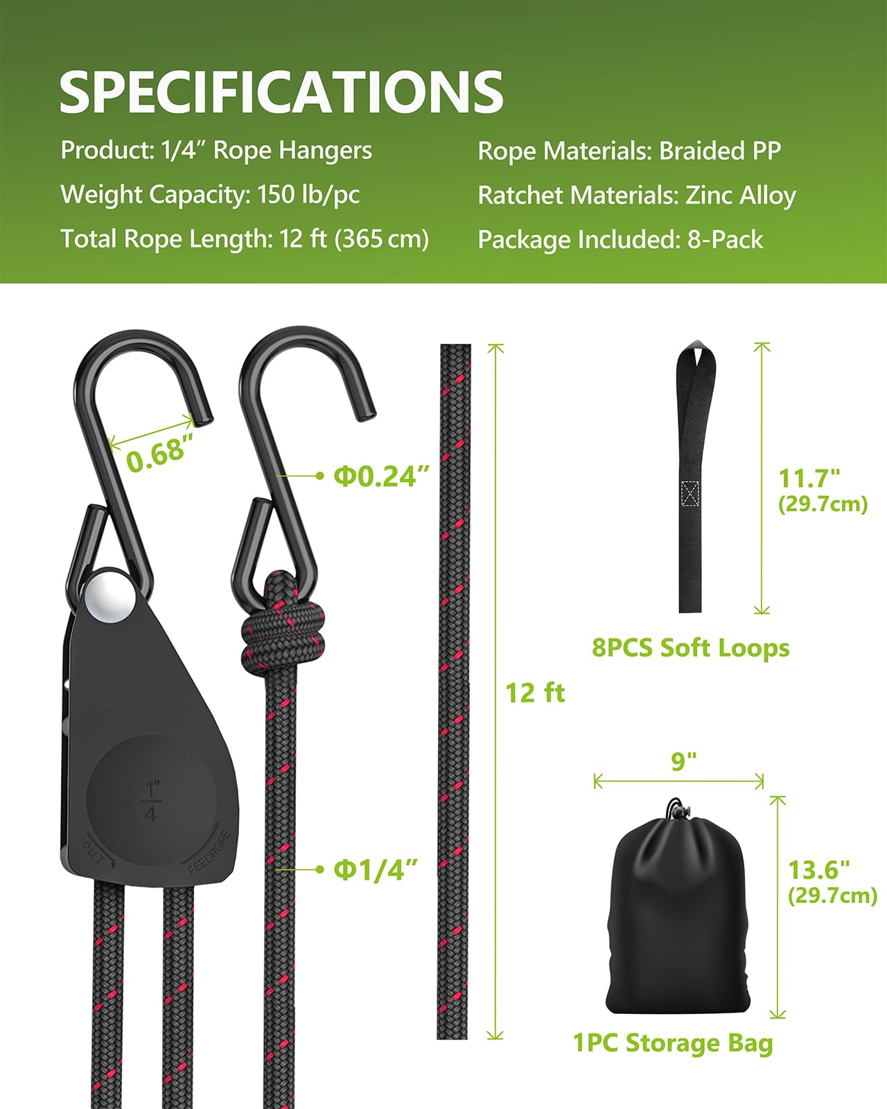 Kayak Straps Tie Downs 8 Pack Set, Adjustable Ratchet Tie Down Straps