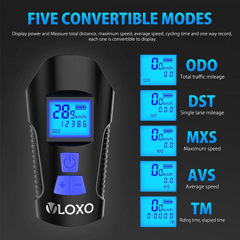 VLOXO Bike Speedometer with LED Bike Light, USB Rechargeable Bicycle Computer with Loud Bike Bell (Blue)